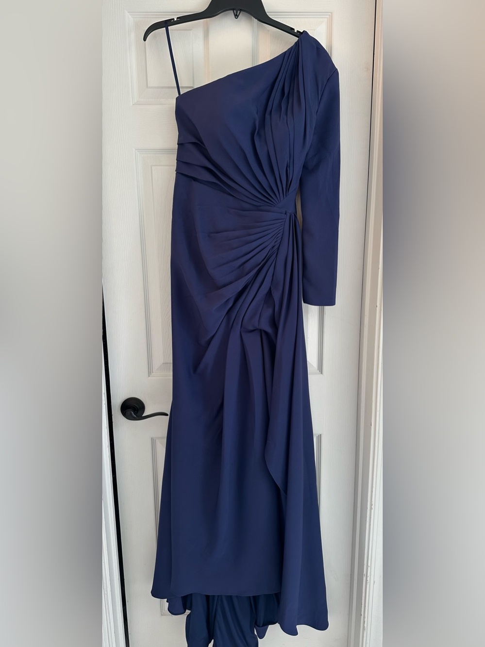 One-Shoulder Navy Evening Dress with Draped Gather. Perfect mother of the bride